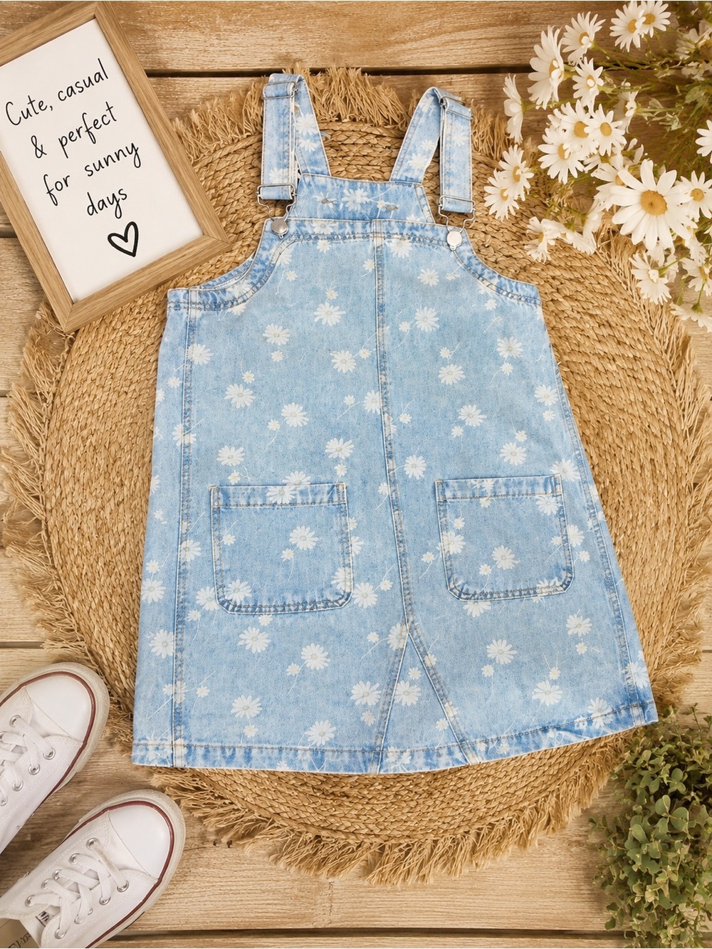 Denim Daisy Print Pinafore Dress for Women
